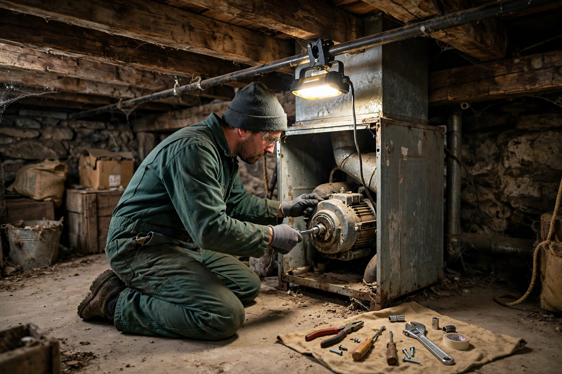 A technician repairing a furnace in a small-town home