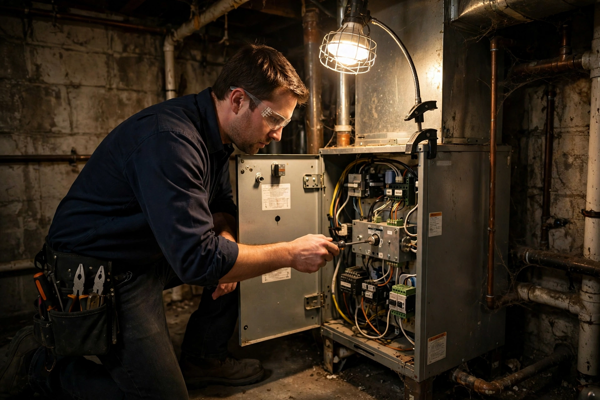 New furnace with control panel visible in a basement