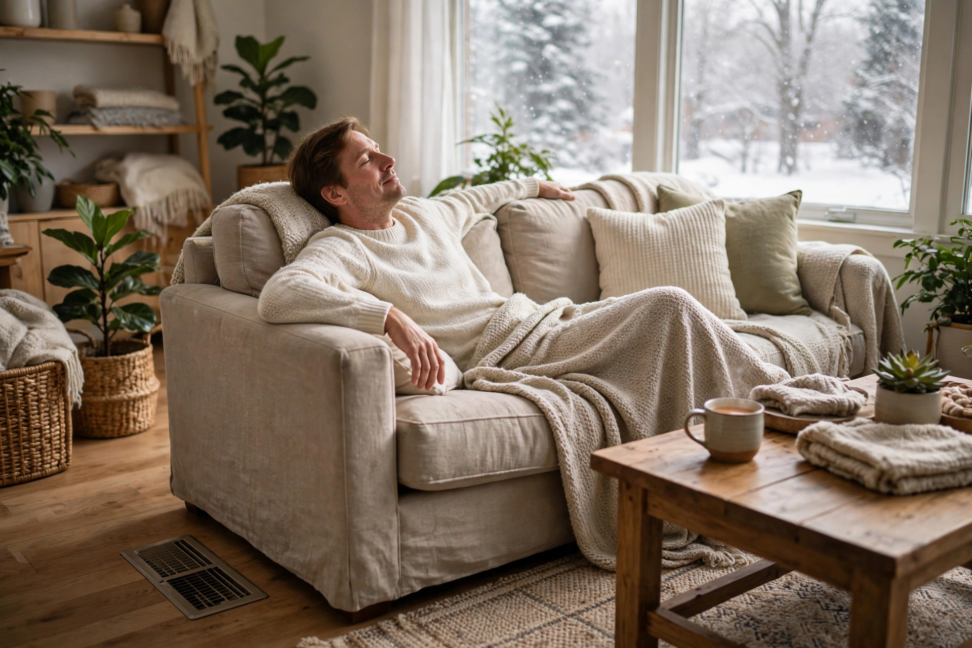 Thermostat set to a steady temperature in a comfortable living room