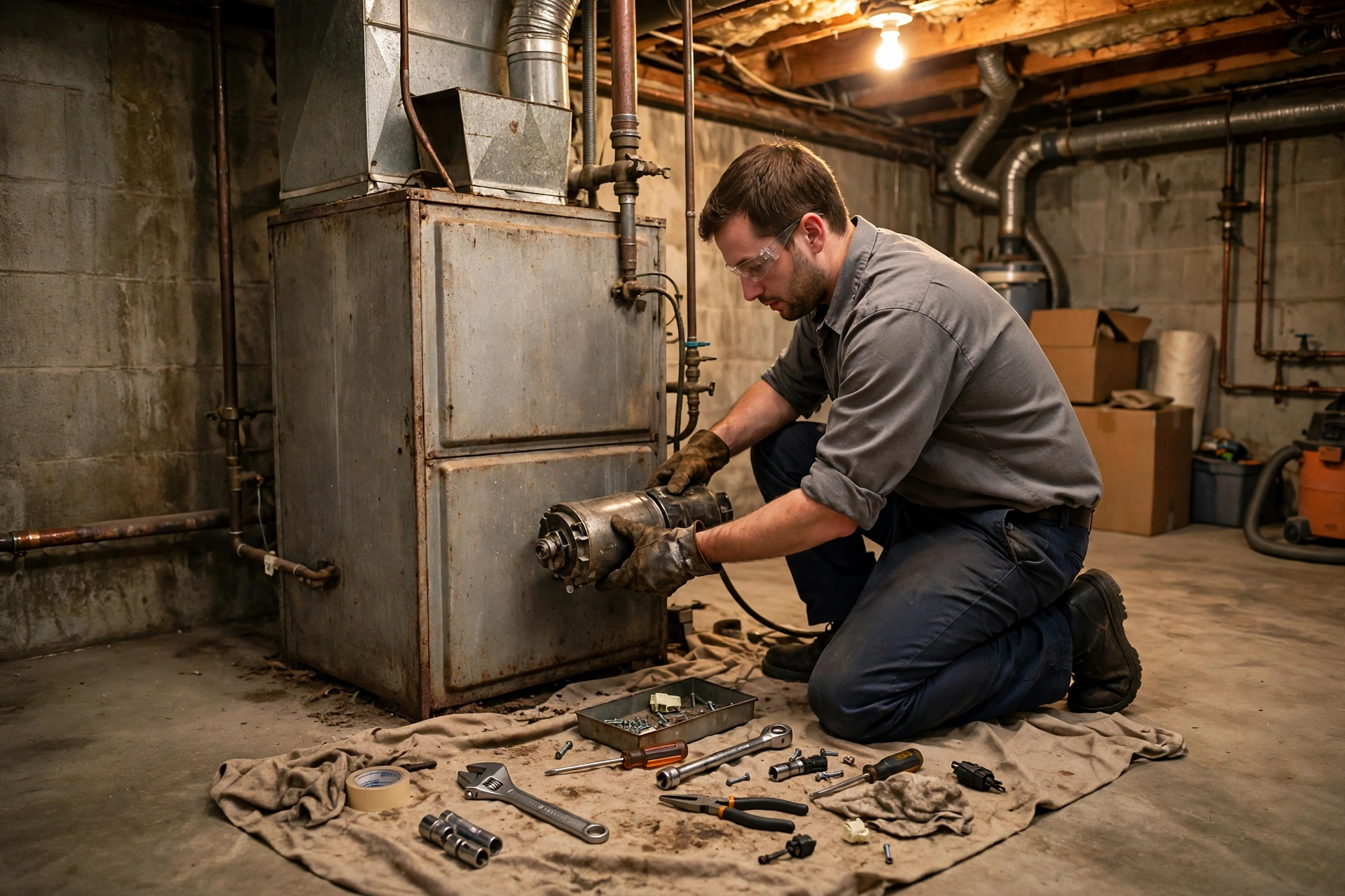 A technician testing a furnace ignition control with a meter